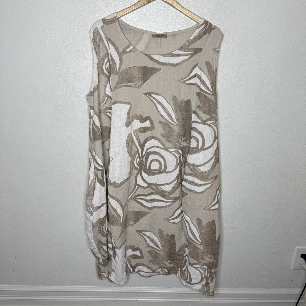 Beyond Capri Made In Italy‎ Beige Tropical Dress Sleeveless Lagenlook Pockets